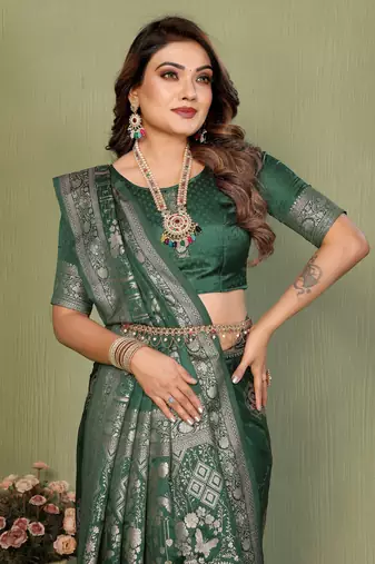 Dark Green Color Handloom Zari Woven Satin Silk Sarees 