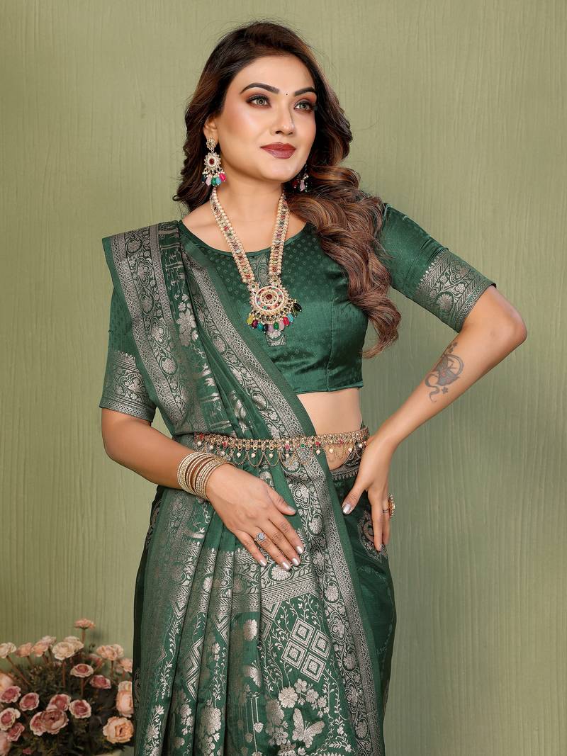 Dark Green Color Handloom Zari Woven Satin Silk Sarees 