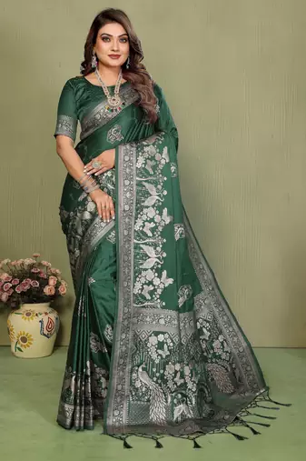 Dark Green Color Handloom Zari Woven Satin Silk Sarees 