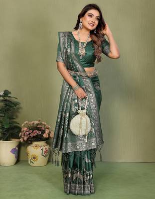 Dark Green Color Handloom Zari Woven Satin Silk Sarees  3