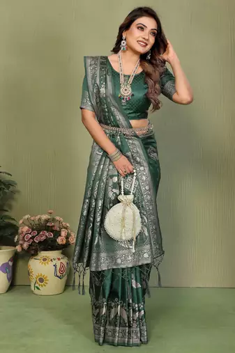 Dark Green Color Handloom Zari Woven Satin Silk Sarees 
