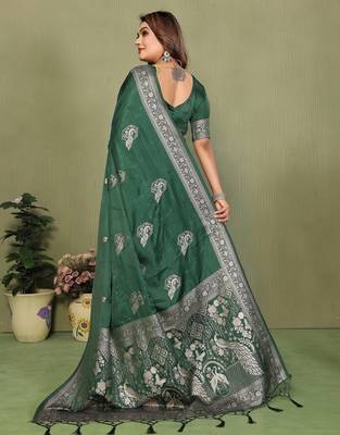 Dark Green Color Handloom Zari Woven Satin Silk Sarees  4