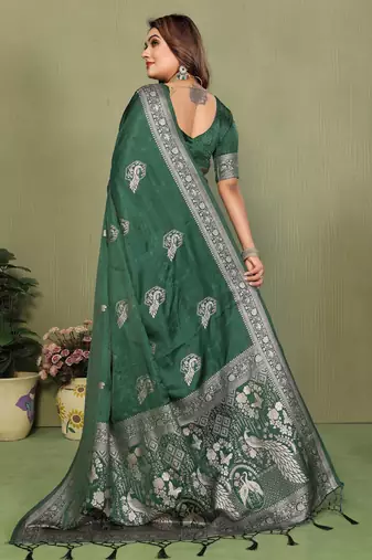 Dark Green Color Handloom Zari Woven Satin Silk Sarees 