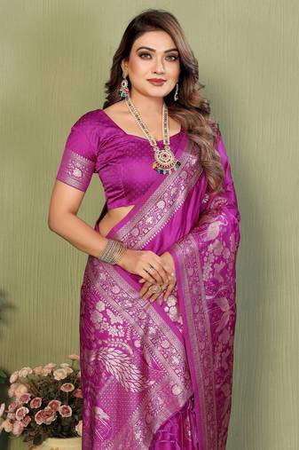 plum Color Handloom Zari Woven Satin Silk Sarees 