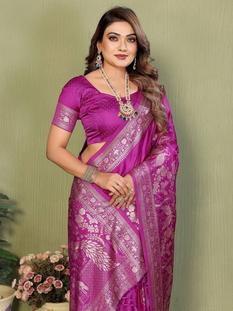 plum Color Handloom Zari Woven Satin Silk Sarees 