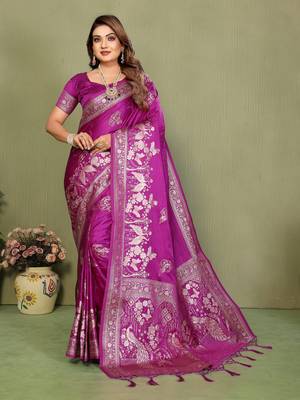 plum Color Handloom Zari Woven Satin Silk Sarees  2