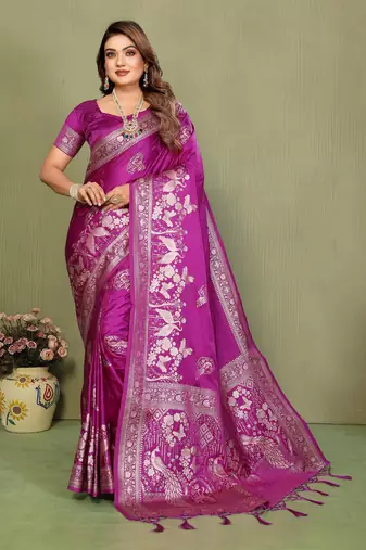 plum Color Handloom Zari Woven Satin Silk Sarees 
