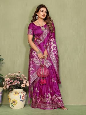 plum Color Handloom Zari Woven Satin Silk Sarees  3