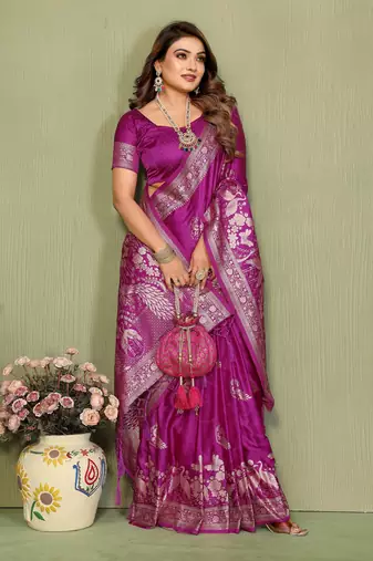 plum Color Handloom Zari Woven Satin Silk Sarees 