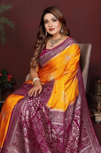 Yellow Color Handloom Zari Woven Satin Silk Sarees 