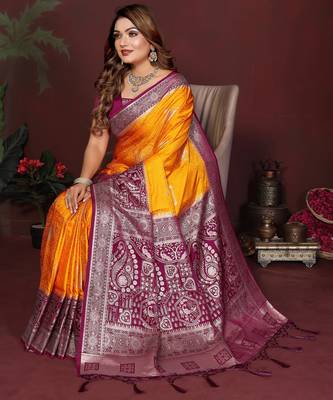 Yellow Color Handloom Zari Woven Satin Silk Sarees  2