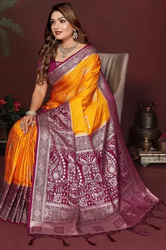 Yellow Color Handloom Zari Woven Satin Silk Sarees 
