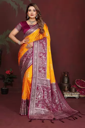 Yellow Color Handloom Zari Woven Satin Silk Sarees 