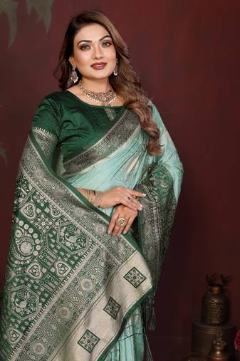 Sky Blue Color Handloom Zari Woven Satin Silk Sarees 