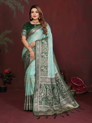 Sky Blue Color Handloom Zari Woven Satin Silk Sarees  2