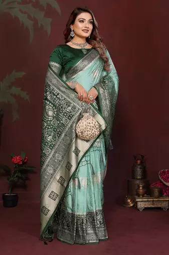 Sky Blue Color Handloom Zari Woven Satin Silk Sarees 
