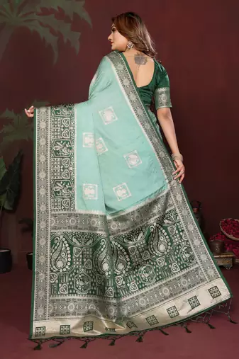 Sky Blue Color Handloom Zari Woven Satin Silk Sarees 