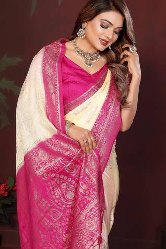 Off White Color Handloom Zari Woven Satin Silk Sarees 