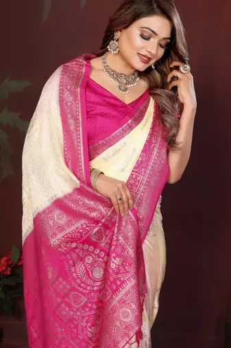 Off White Color Handloom Zari Woven Satin Silk Sarees 