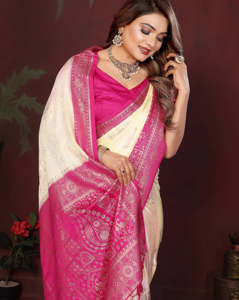Off White Color Handloom Zari Woven Satin Silk Sarees 