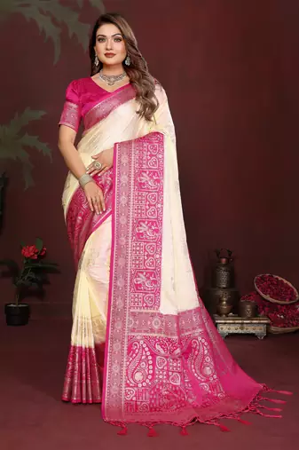 Off White Color Handloom Zari Woven Satin Silk Sarees 