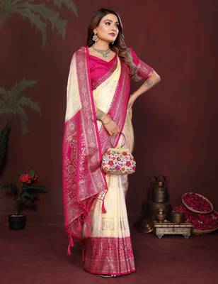 Off White Color Handloom Zari Woven Satin Silk Sarees  3