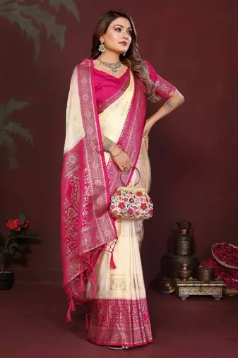 Off White Color Handloom Zari Woven Satin Silk Sarees 