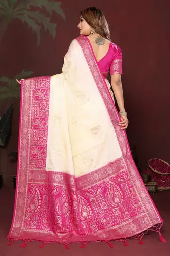 Off White Color Handloom Zari Woven Satin Silk Sarees 