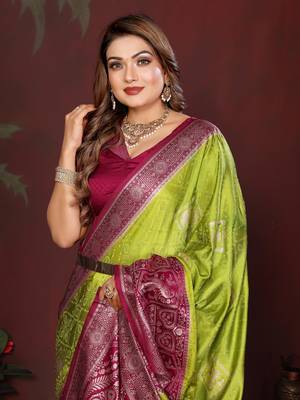 Parrot Green Color Handloom Zari Woven Satin Silk Sarees  1