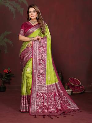 Parrot Green Color Handloom Zari Woven Satin Silk Sarees  2