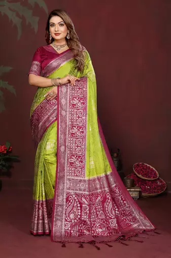 Parrot Green Color Handloom Zari Woven Satin Silk Sarees 
