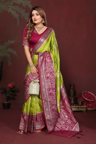 Parrot Green Color Handloom Zari Woven Satin Silk Sarees 