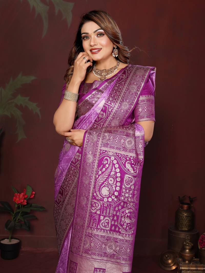 Purple Color Handloom Zari Woven Satin Silk Sarees 