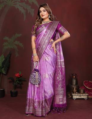 Purple Color Handloom Zari Woven Satin Silk Sarees  3