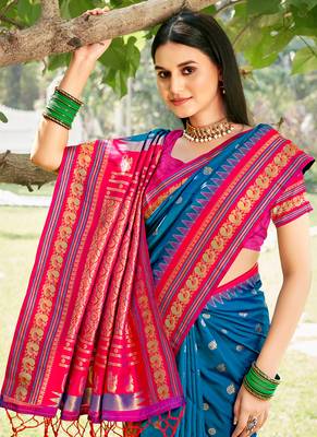 blue banarasi silk blend saree with golden zari woven border 2