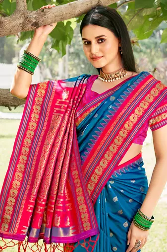 blue banarasi silk blend saree with golden zari woven border