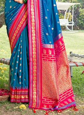 blue banarasi silk blend saree with golden zari woven border 3