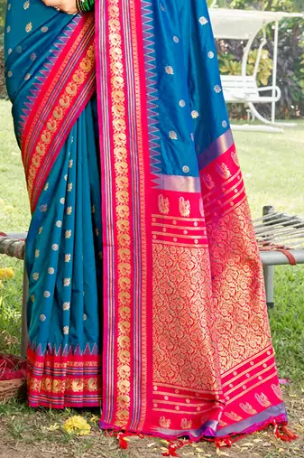 blue banarasi silk blend saree with golden zari woven border