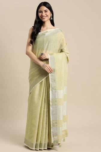 Elegant mhendi woven linen saree with contrast zari border & tassels     soft & breathable party wear