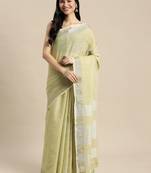 Elegant mhendi woven linen saree with contrast zari border & tassels     soft & breathable party wear