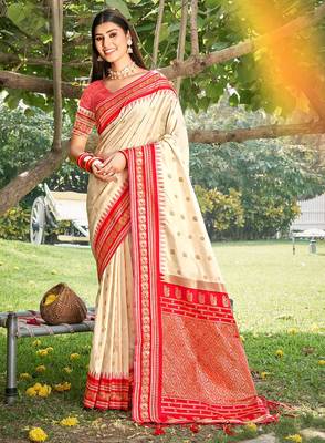 cream banarasi silk blend saree with golden zari woven border 1