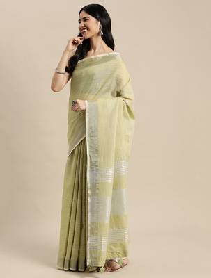 Elegant mhendi woven linen saree with contrast zari border & tassels  soft & breathable party wear 2