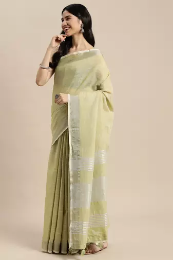 Elegant mhendi woven linen saree with contrast zari border & tassels  soft & breathable party wear
