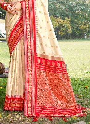 cream banarasi silk blend saree with golden zari woven border 3