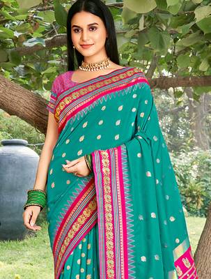 sea green banarasi silk blend saree with golden zari woven border 2