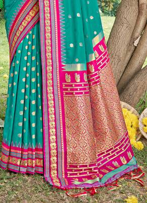 sea green banarasi silk blend saree with golden zari woven border 3
