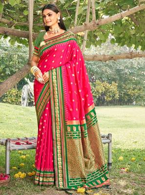 pink banarasi silk blend saree with golden zari woven border 1