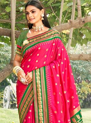pink banarasi silk blend saree with golden zari woven border 2