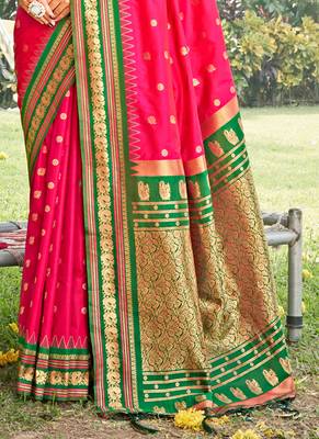 pink banarasi silk blend saree with golden zari woven border 3