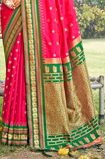 pink banarasi silk blend saree with golden zari woven border